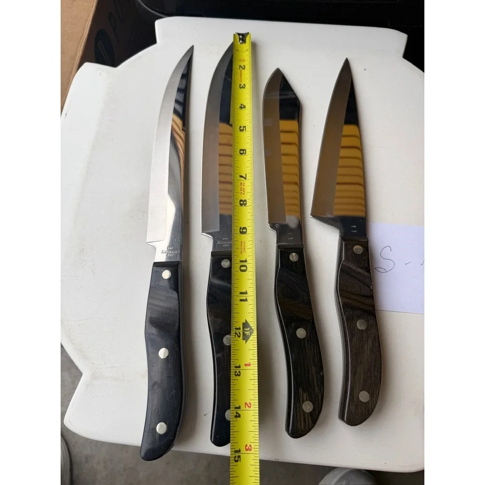 Vintage EKCO Arrowhead Knife Set 4 Piece Stainless Steel Wood Grain Handle USA